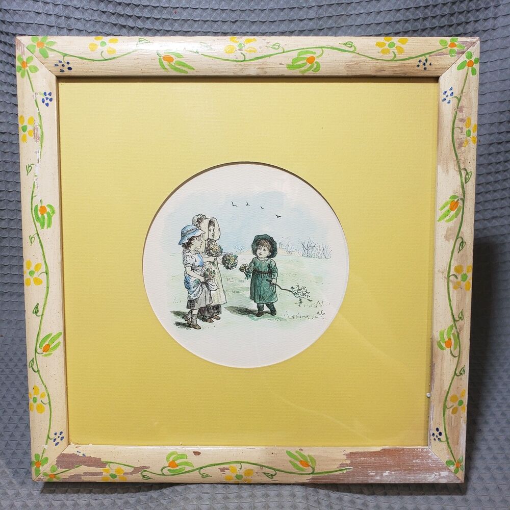 Vintage Kate Greenaway Framed Print Antique Children Flowers Hand Painted Frame